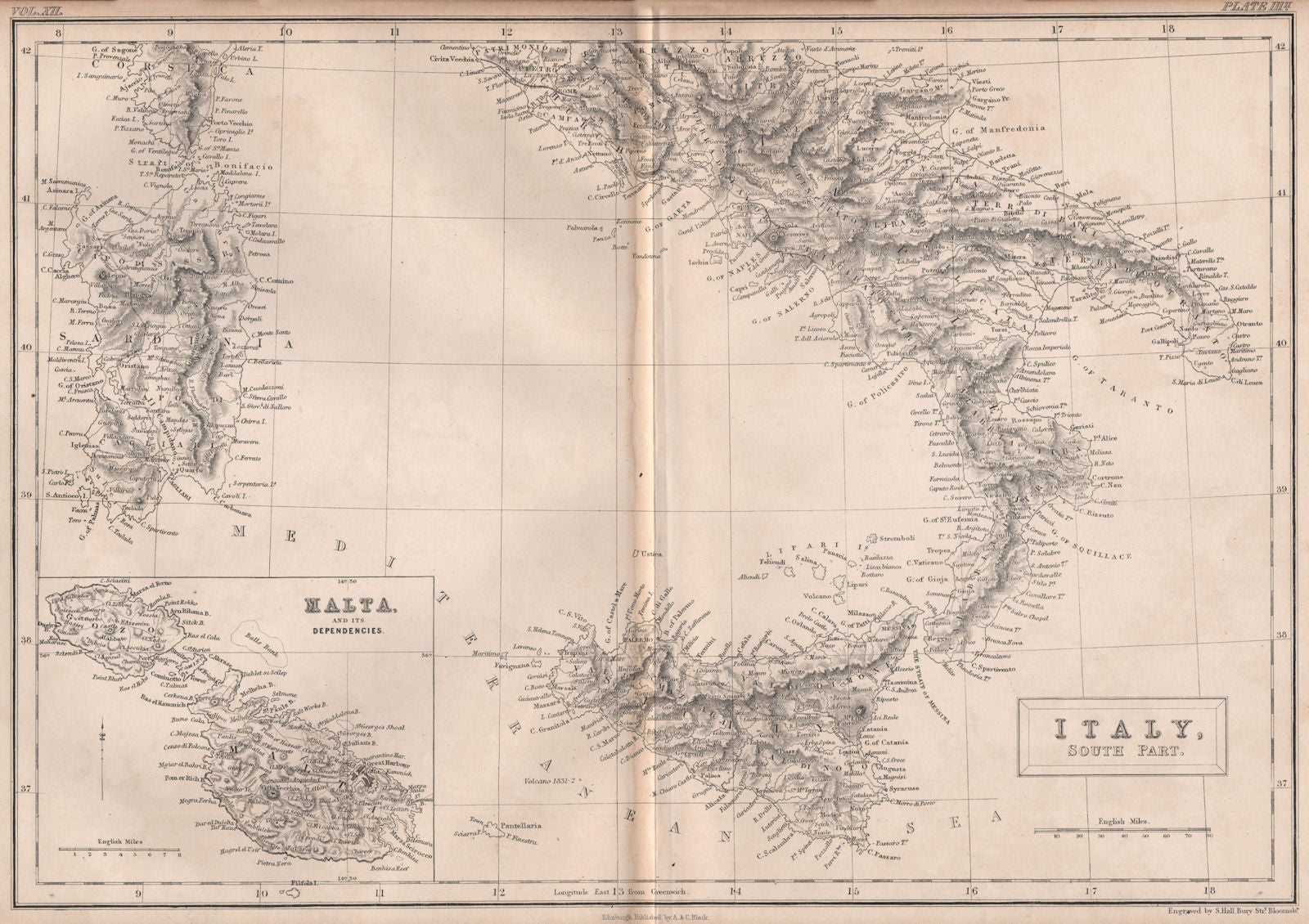 SOUTH ITALY & MALTA. Railways. BRITANNICA 1860 old antique map plan chart